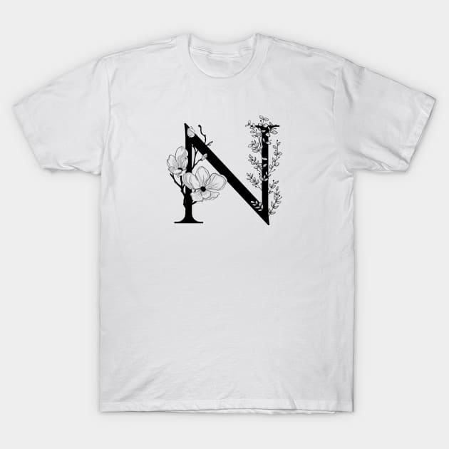 Letter N Monogram - Floral Initial T-Shirt by ZenNature